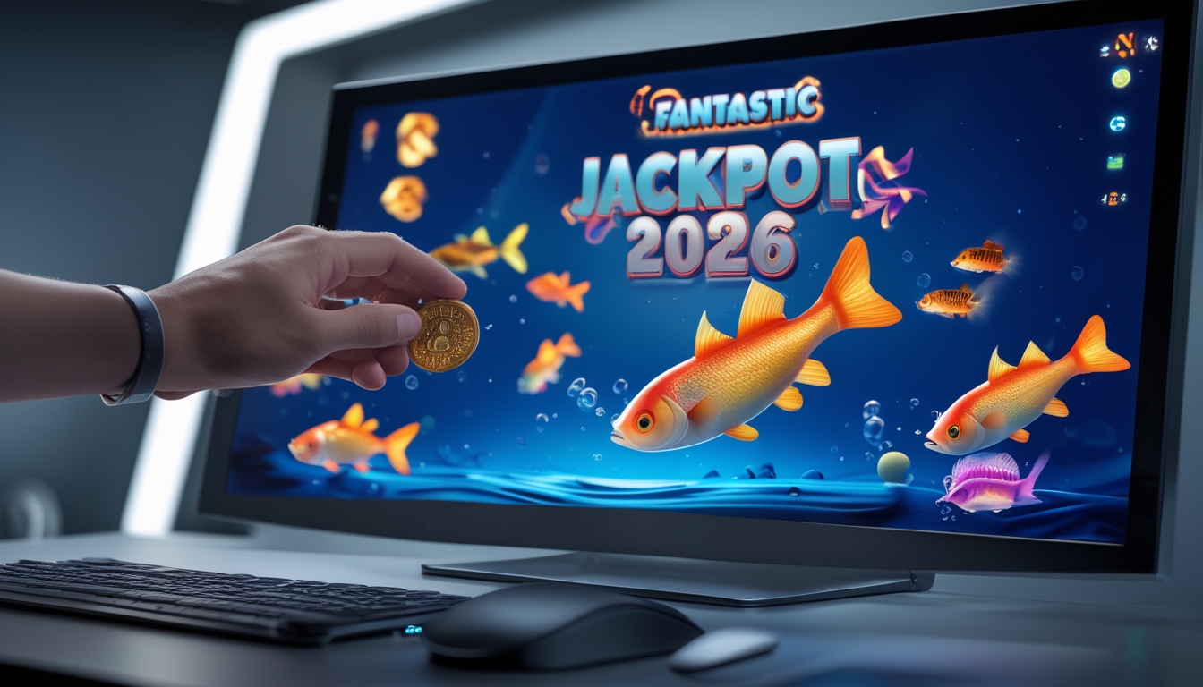 Seorang pemain sedang menggunakan perangkat untuk bermain game tembak ikan dengan ikan berwarna-warni di layar, fokus pada permainan untuk mendapatkan jackpot.
