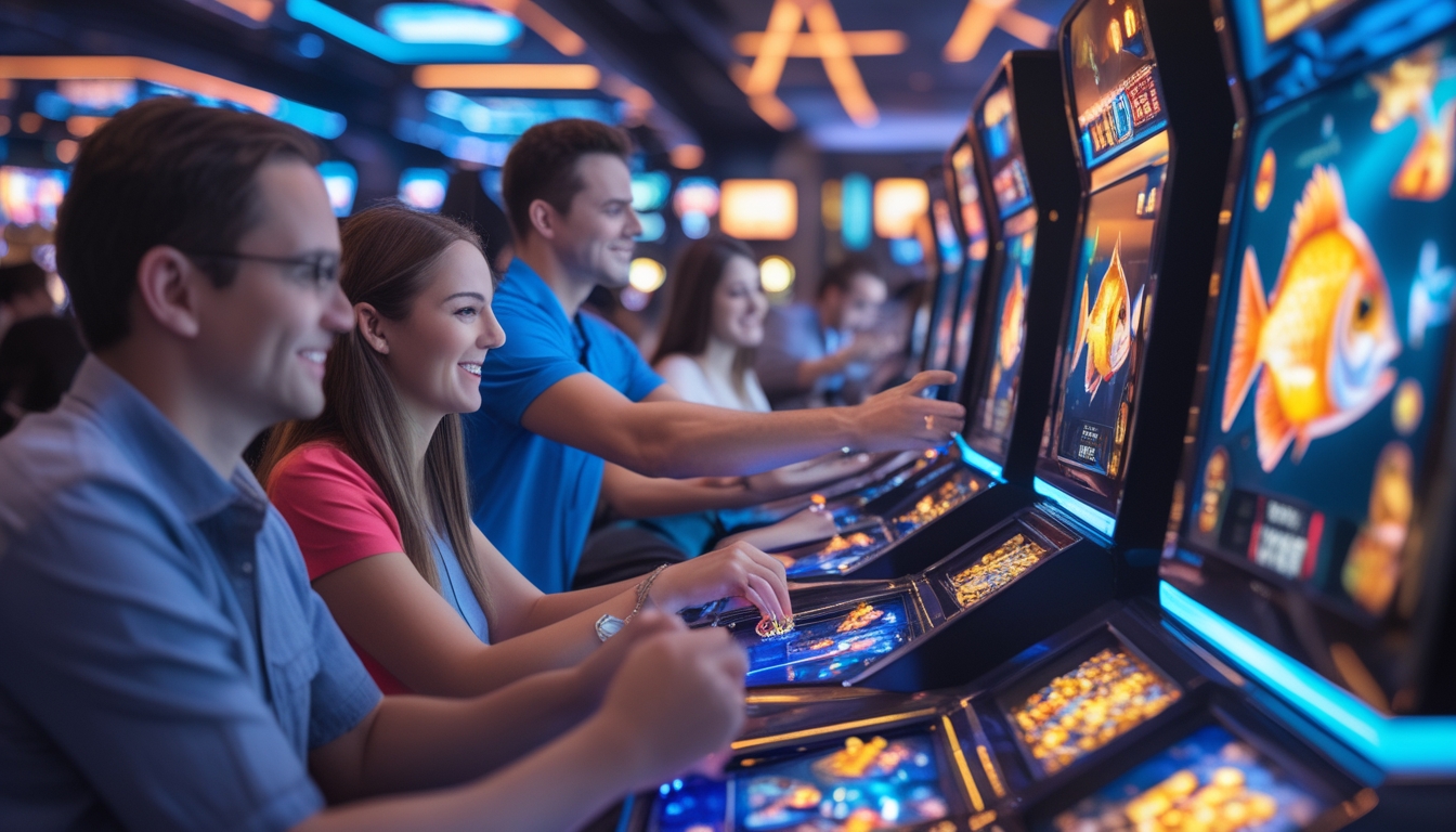 Orang-orang bermain game tembak ikan di arcade dengan lampu warna-warni dan suasana penuh semangat.