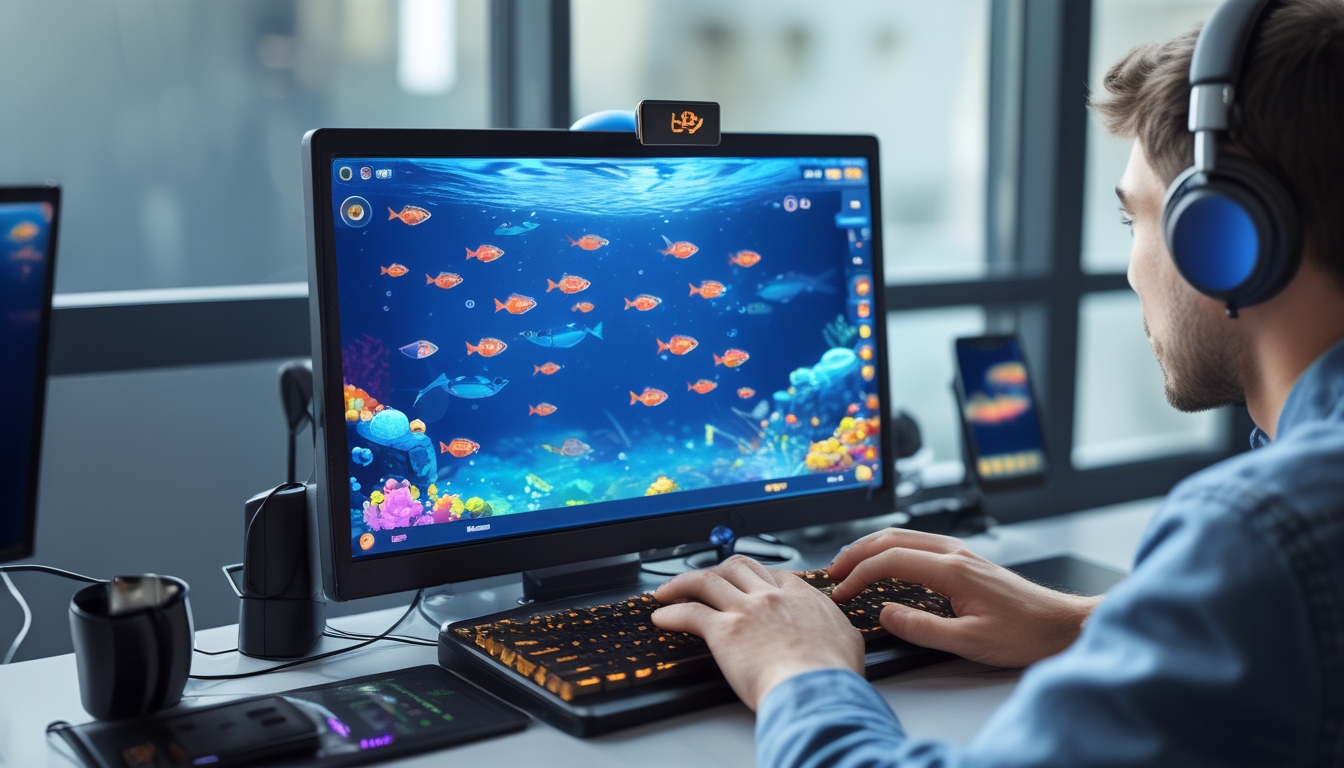 Seorang pemain sedang bermain permainan tembak ikan online di depan komputer dengan tampilan ikan berwarna-warni di layar.