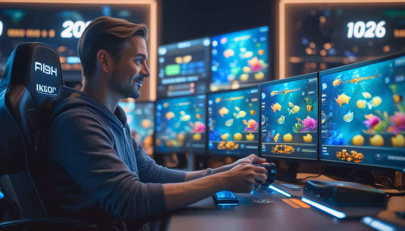 Seorang pemain dewasa yang fokus bermain permainan tembak ikan jackpot di ruangan gaming dengan layar berwarna-warni dan suasana modern.