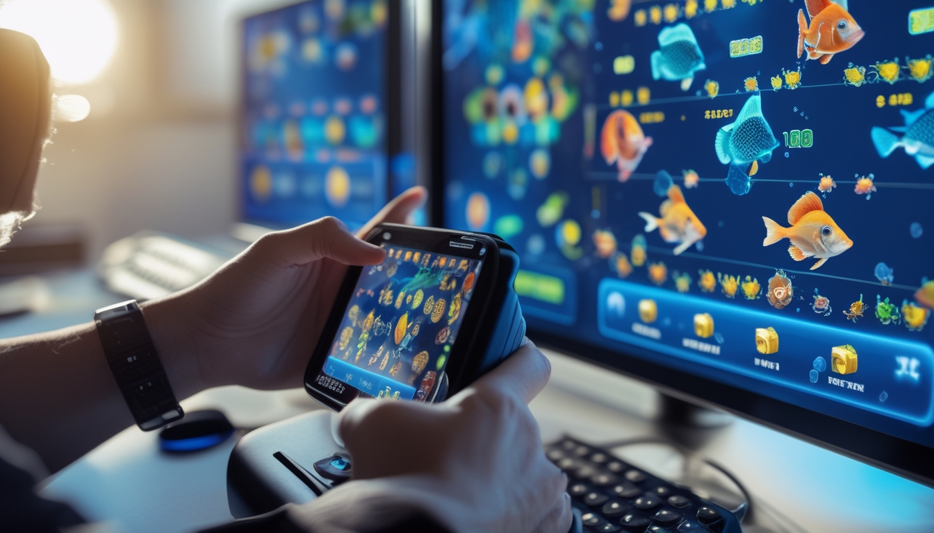 Seorang pemain berpengalaman sedang fokus bermain permainan tembak ikan di layar digital dengan grafis ikan berwarna-warni dan elemen jackpot.