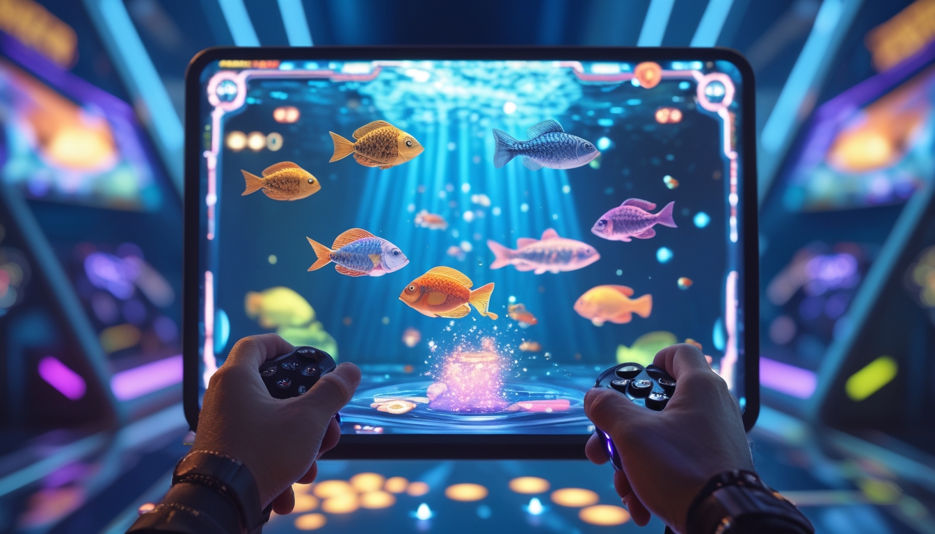 Tangan pemain yang memegang kontroler sedang bermain permainan tembak ikan dengan ikan berwarna-warni di layar permainan.