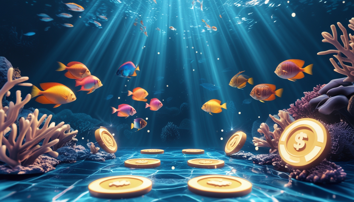 Pemandangan bawah laut dengan ikan tropis berwarna-warni dan elemen permainan digital yang menggambarkan suasana permainan tembak ikan jackpot.