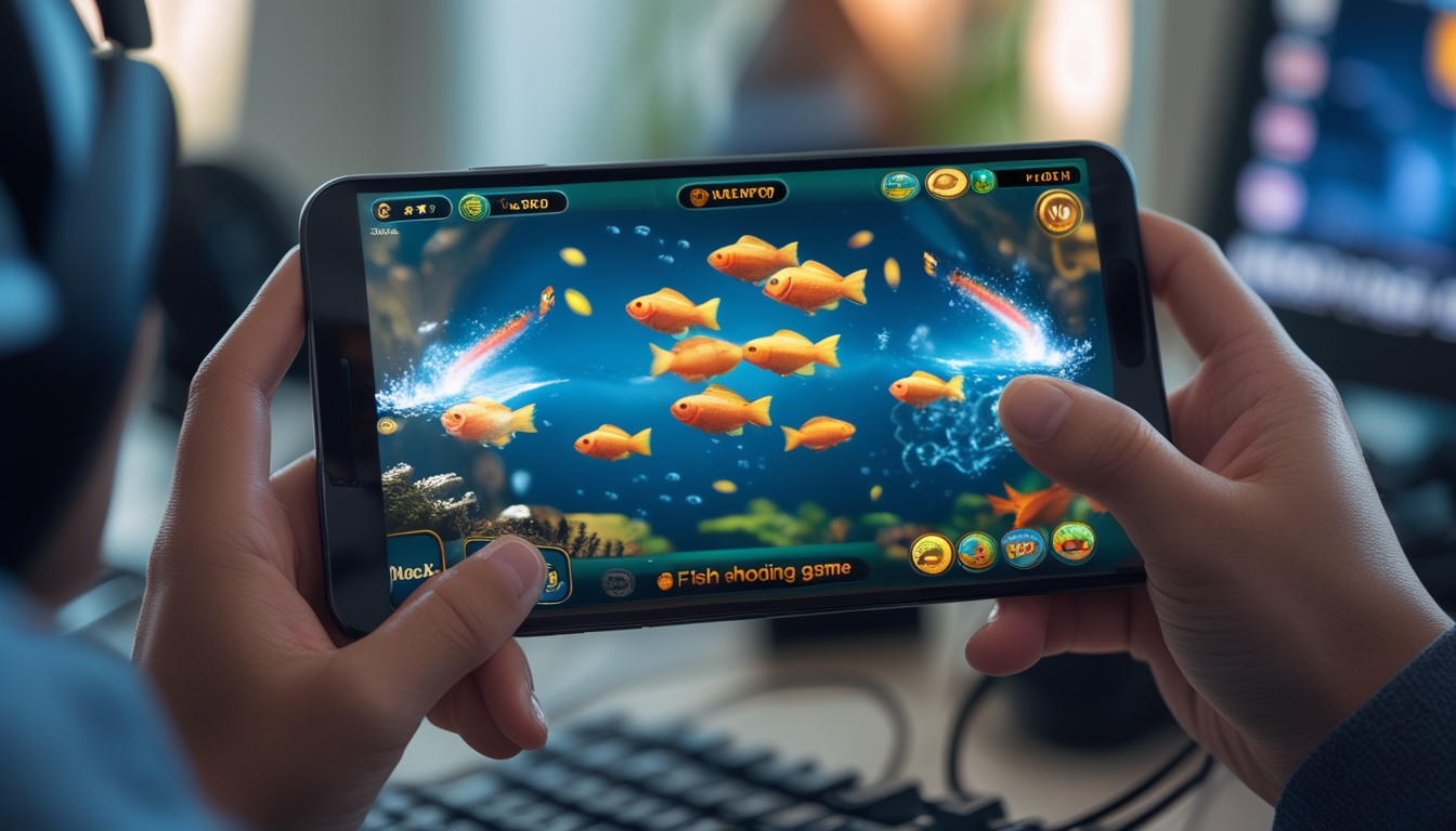 Tangan seseorang memegang smartphone yang menampilkan permainan tembak ikan dengan ikan berwarna-warni dan efek tembakan di layar.