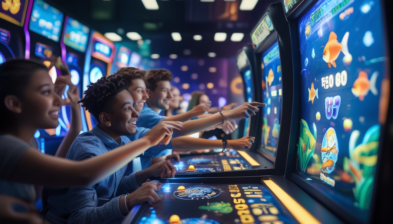 Orang-orang bermain mesin judi tembak ikan dengan layar berwarna-warni dan suasana arcade yang ceria.