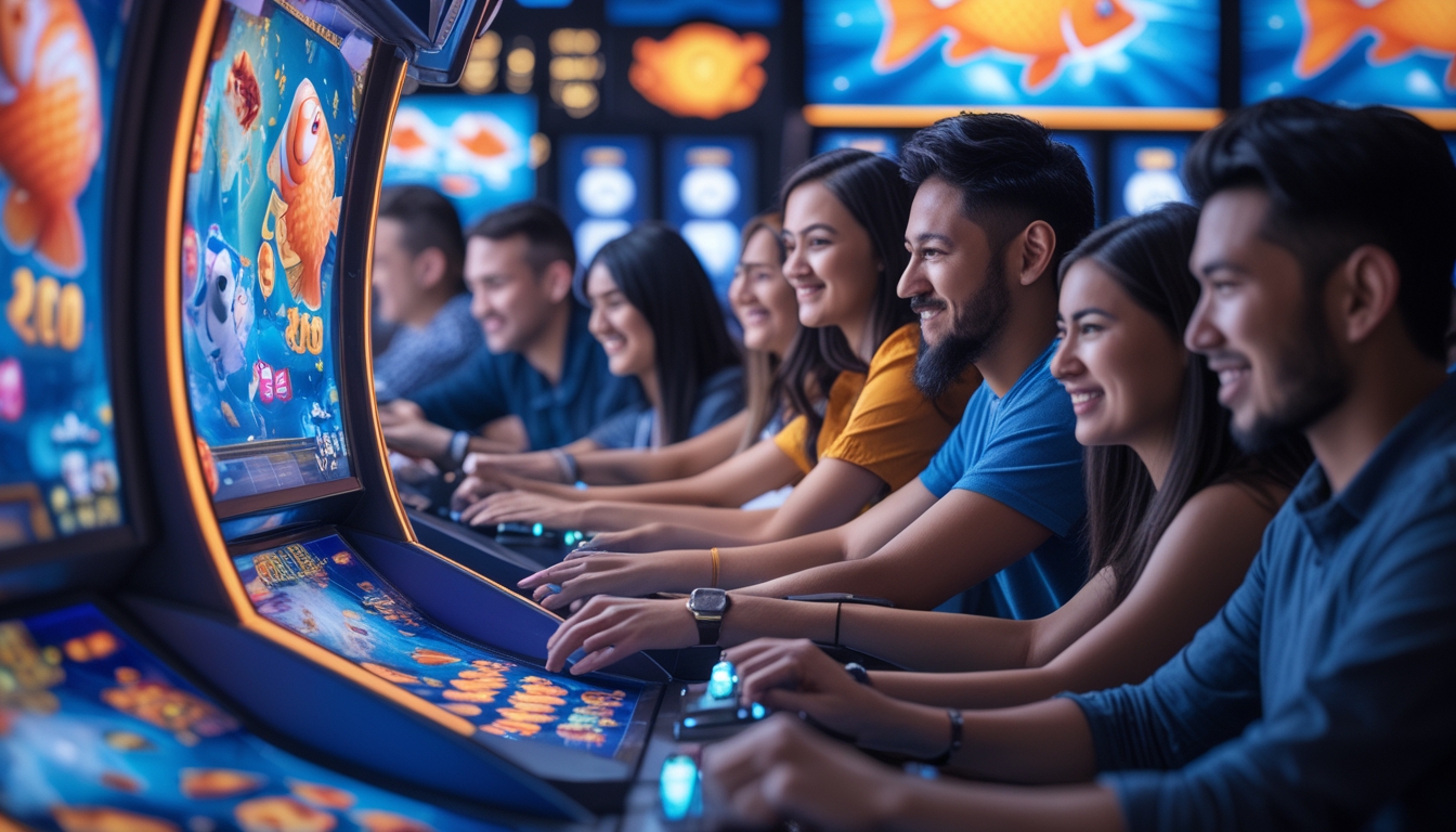 Beberapa orang sedang bermain mesin judi tembak ikan di sebuah arcade dengan layar warna-warni dan suasana yang cerah.