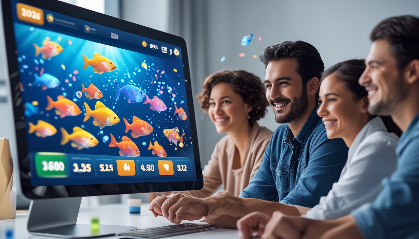 Sekelompok orang tersenyum dan fokus pada perangkat digital yang menampilkan permainan tembak ikan dengan efek jackpot dan ikan berwarna-warni di layar.