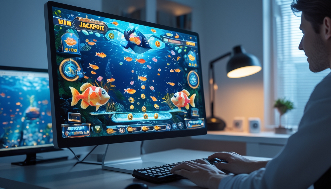 Seorang pemain sedang bermain permainan tembak ikan online di komputer dengan layar menampilkan ikan berwarna-warni dan ikon jackpot.