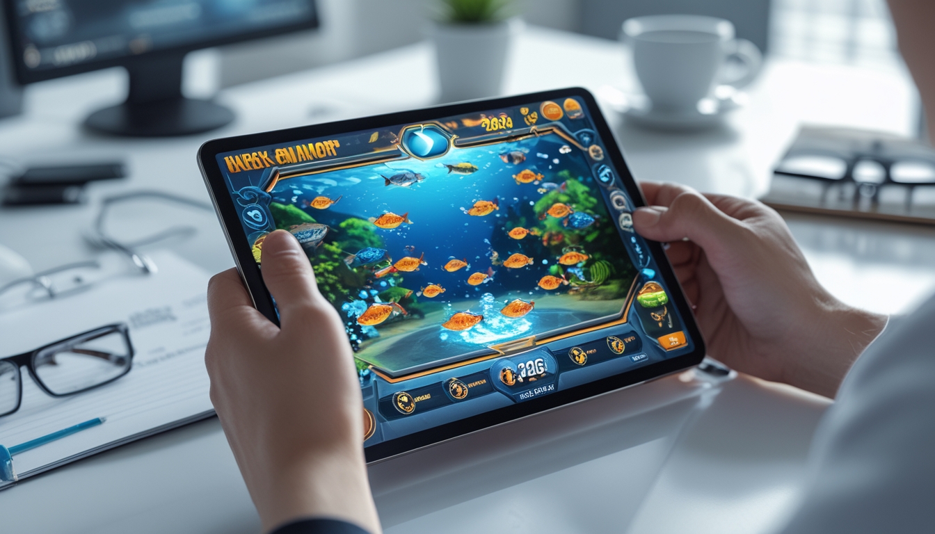 Seseorang memegang perangkat digital yang menampilkan permainan menembak ikan dengan grafik ikan berwarna-warni di layar.