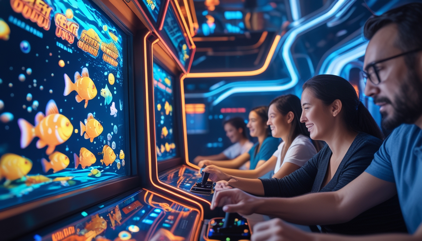 Beberapa orang dewasa bermain permainan tembak ikan di mesin arcade berwarna cerah dengan layar digital yang menampilkan ikan dan simbol jackpot.