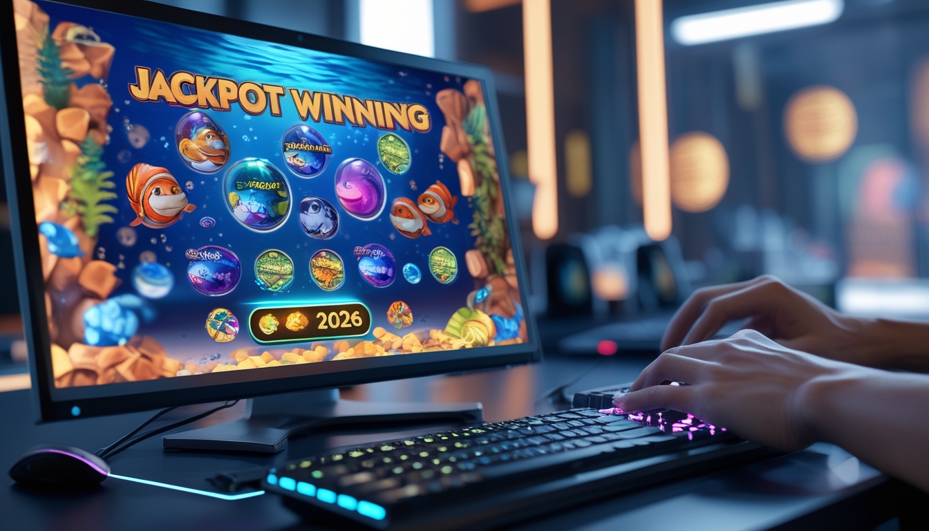 Seorang pemain sedang bermain permainan tembak ikan online di komputer dengan layar menampilkan berbagai ikan berwarna-warni dan simbol jackpot.
