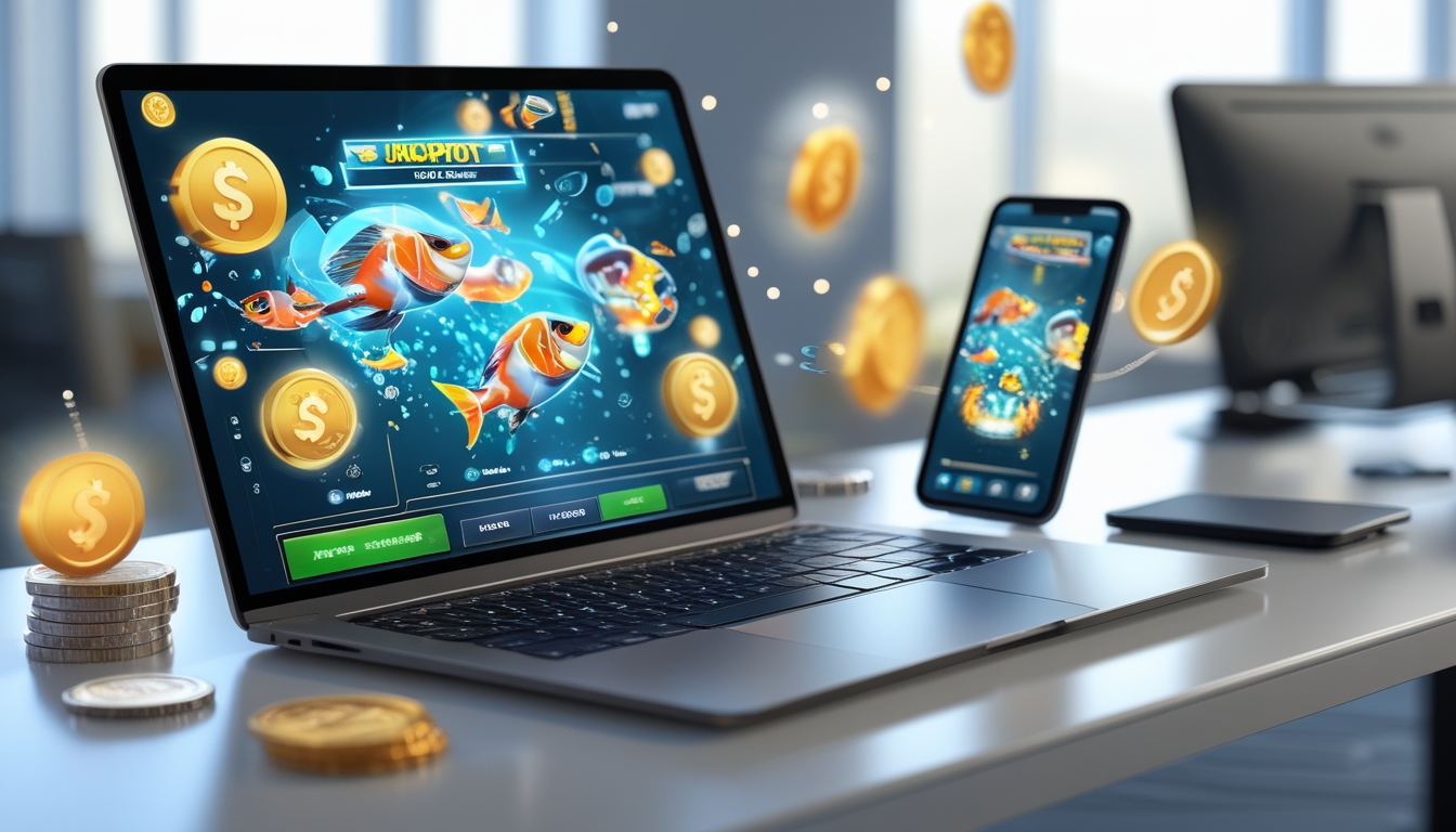 Tampilan perangkat modern dengan permainan menembak ikan dan simbol jackpot yang cerah di layar, di atas meja kerja yang rapi.
