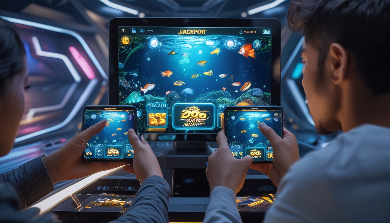 Beberapa orang menggunakan perangkat digital untuk bermain permainan tembak ikan dengan latar belakang bawah laut penuh ikan warna-warni dan ikon jackpot.