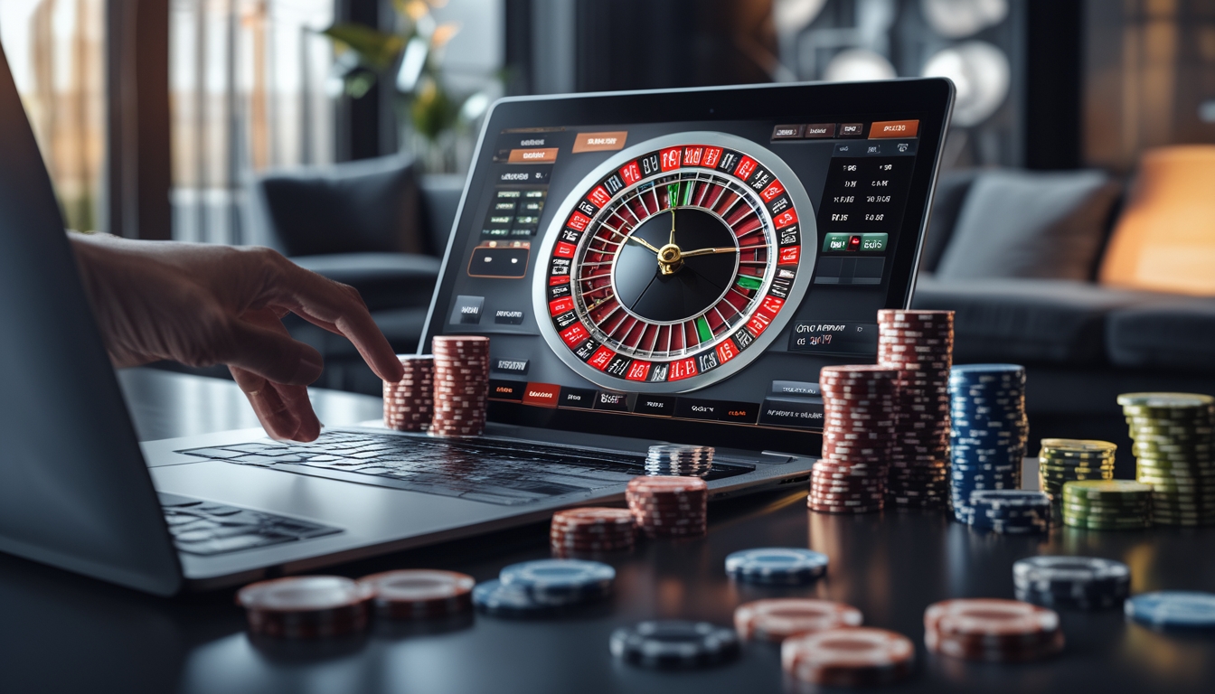 Seseorang menggunakan laptop dengan tampilan roda roulette digital dan tumpukan chip judi di sekitarnya.