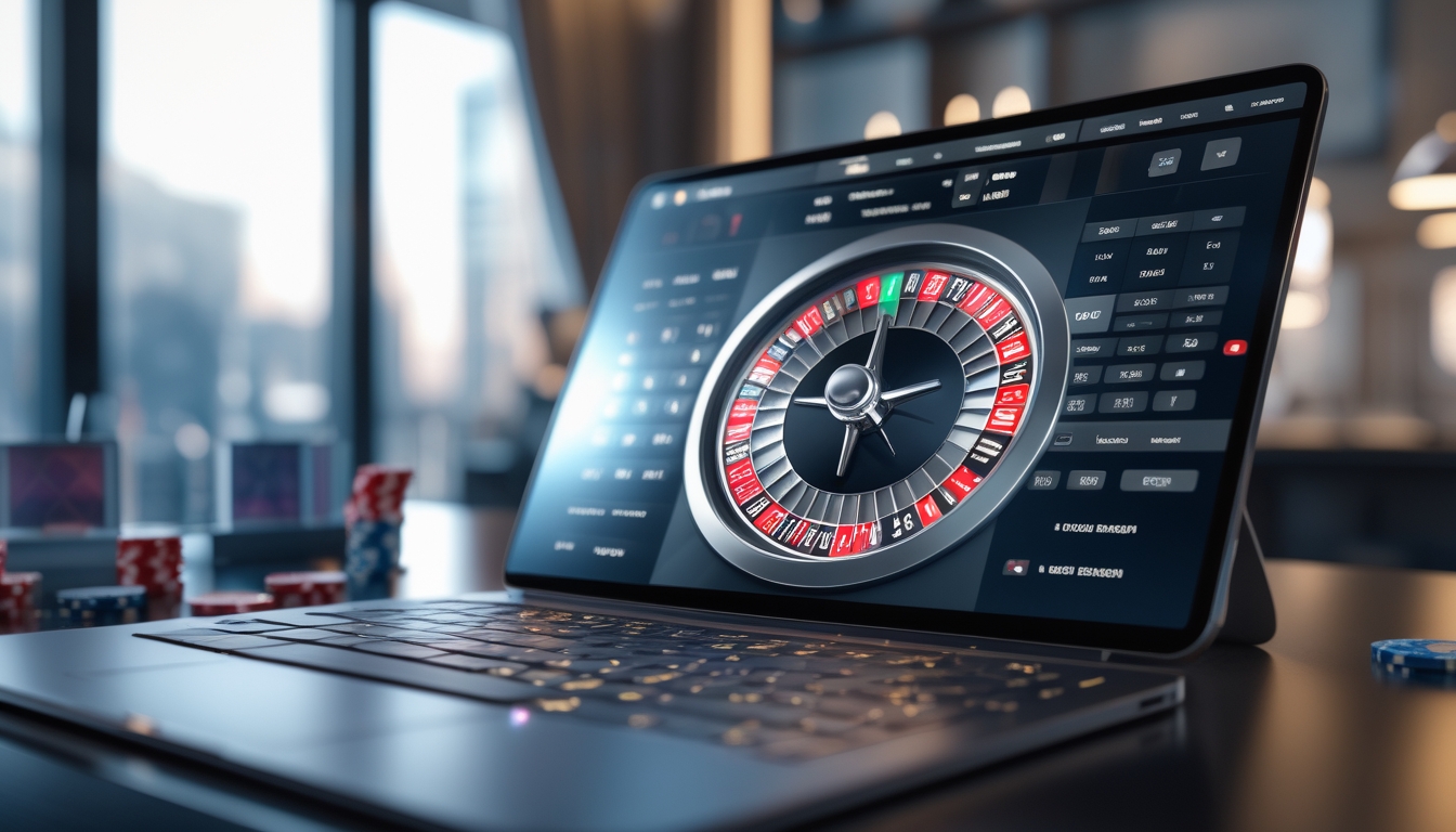 Sebuah perangkat digital menampilkan roda roulette online dengan suasana kasino modern di latar belakang.