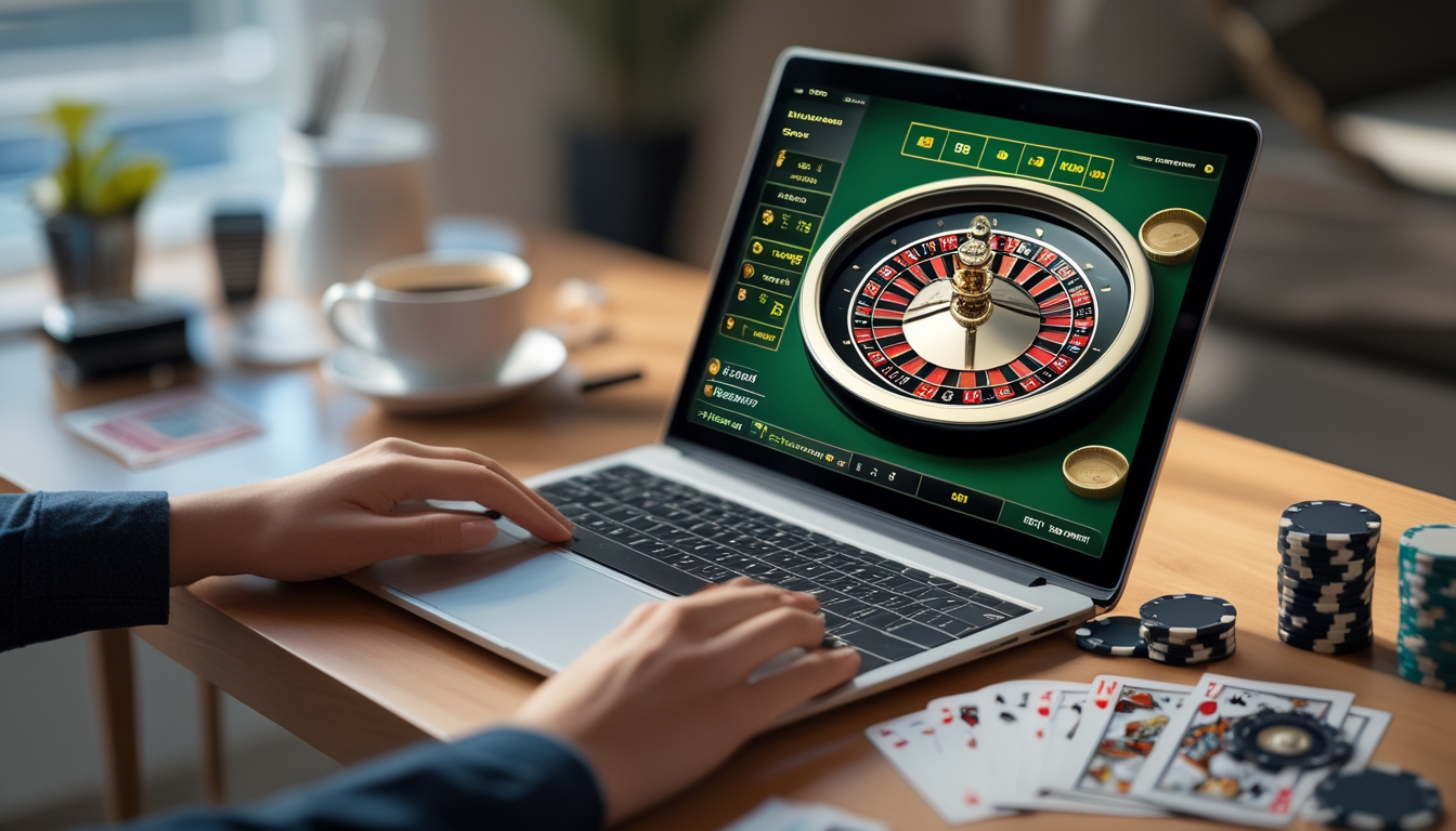 Seorang pemain menggunakan laptop dengan tampilan roda roulette online di meja kerja yang rapi dengan chip poker dan kartu remi.