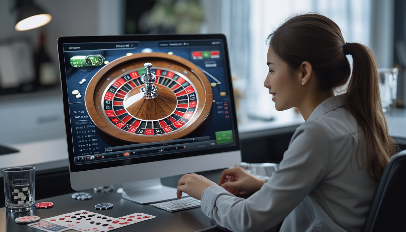 Seorang pemain muda duduk di depan komputer dengan tampilan permainan roulette online, fokus dan antusias bermain di lingkungan yang rapi dan terang.