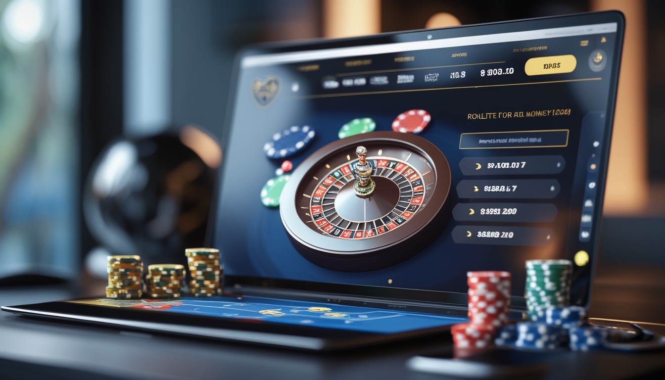 Sebuah laptop menampilkan roda roulette digital yang berputar dengan chip warna-warni di meja taruhan online.