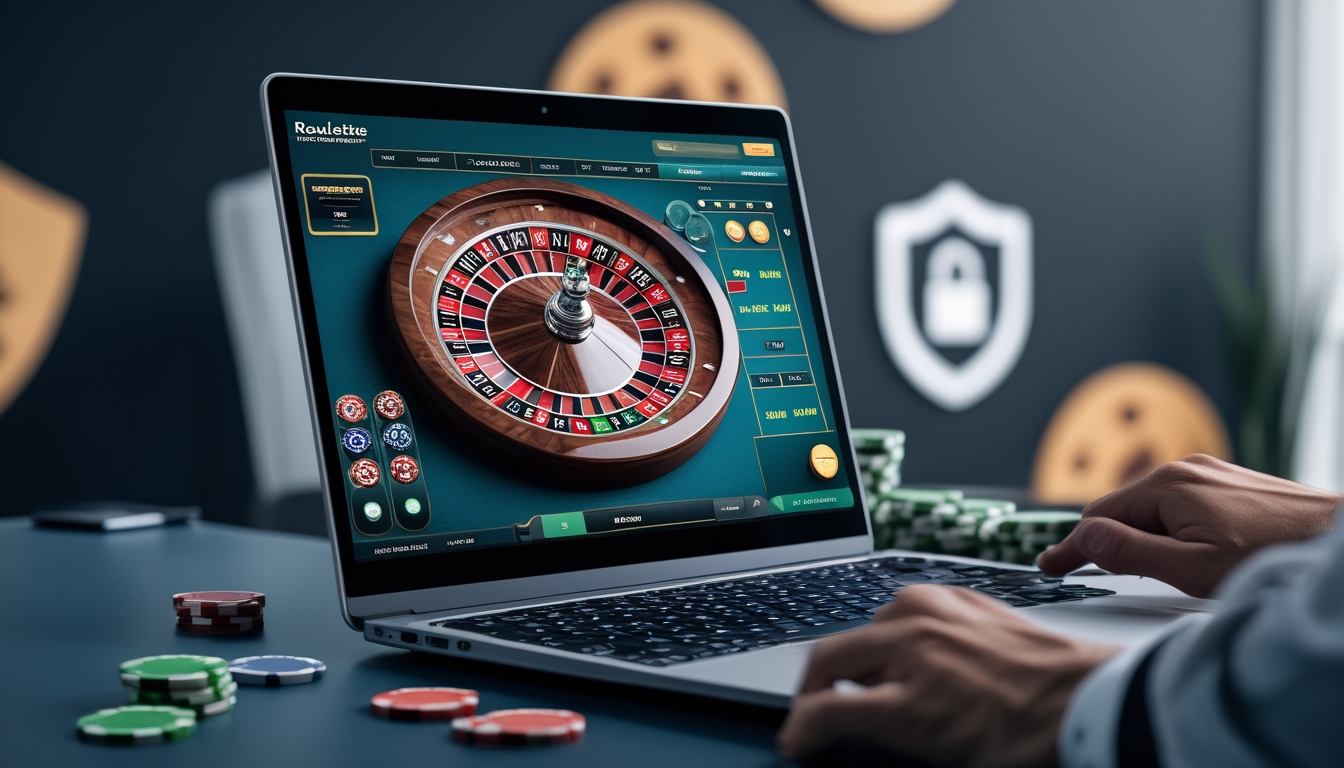 Seorang pengguna sedang bermain roulette online di laptop dengan tampilan roda roulette dan chip taruhan di layar.