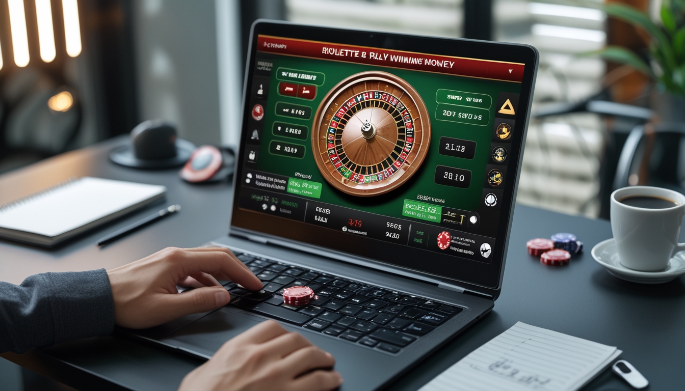 Seseorang sedang bermain roulette online menggunakan laptop dengan chip poker di tangan dalam suasana ruangan yang nyaman.