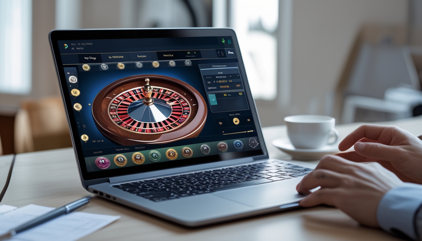 Seseorang sedang bermain roulette online dengan komputer di meja kerja yang rapi.