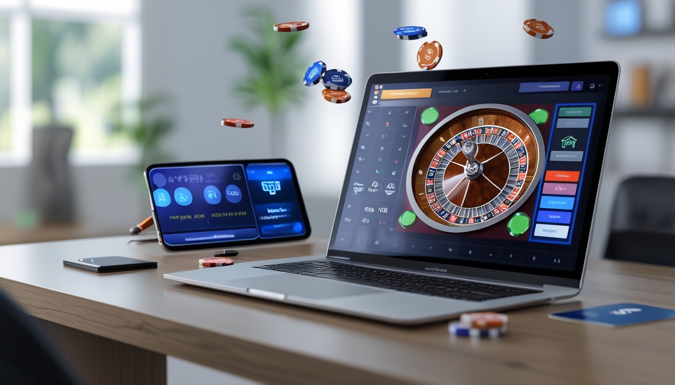 Sebuah komputer dengan tampilan permainan roulette online dan chip taruhan di meja, berada di lingkungan rumah atau kantor yang rapi dan terang.