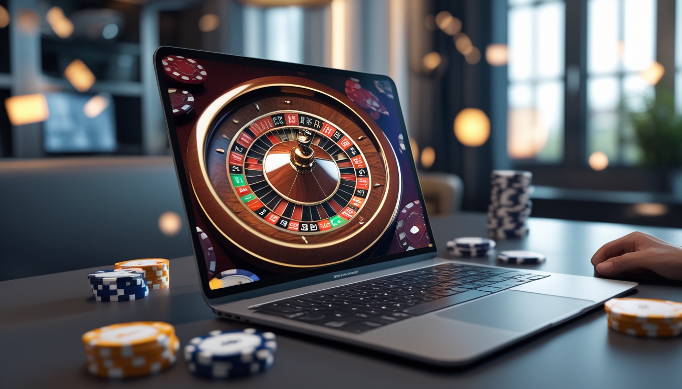 Sebuah layar komputer menampilkan roda roulette yang berputar dengan chip di sekitarnya dalam suasana ruangan modern yang terang.