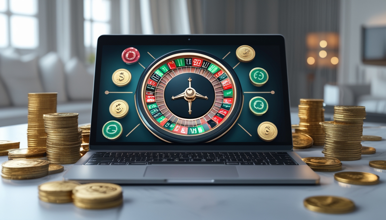Sebuah meja dengan komputer menampilkan permainan roulette online dan beberapa tumpukan uang di sekitarnya.