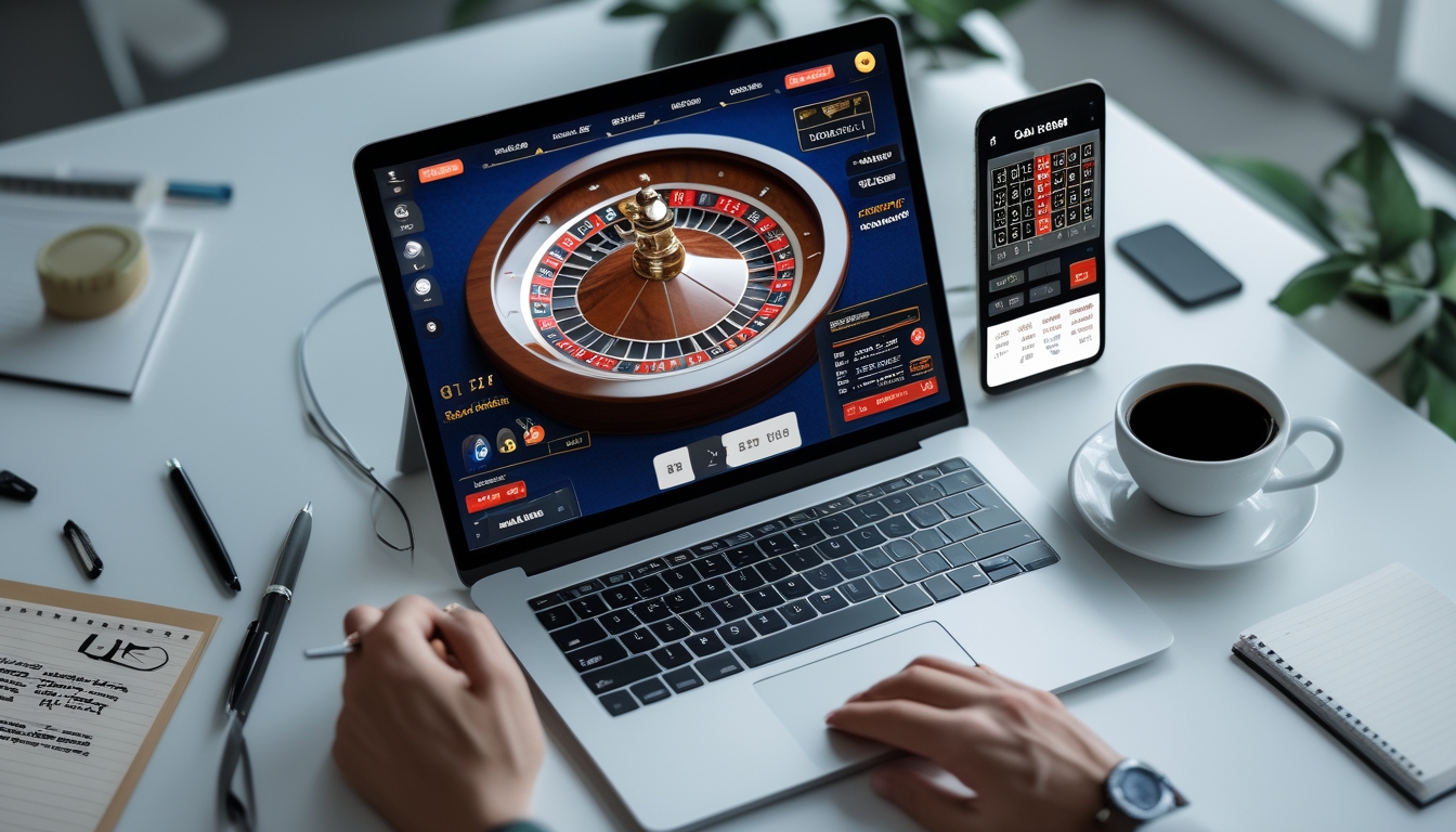 Sebuah meja kerja dengan komputer menampilkan permainan roulette online, dikelilingi catatan, telepon, dan cangkir kopi.