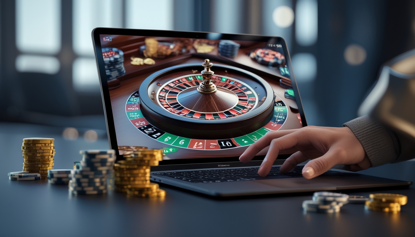 Seseorang menggunakan komputer dengan tampilan roda roulette online dan chip taruhan di meja.