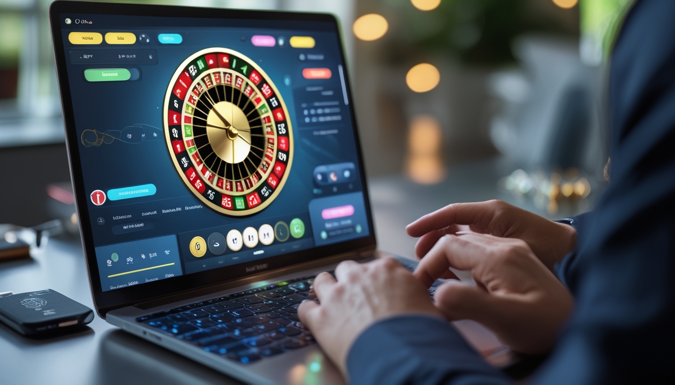 Seseorang sedang bermain roulette online dengan tampilan roda roulette berputar di layar komputer.