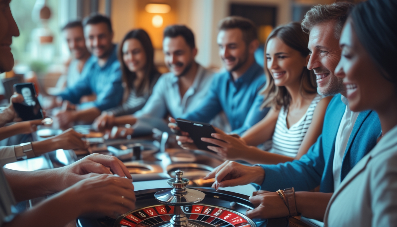 Beberapa orang sedang bermain roulette online menggunakan komputer dan perangkat mobile di lingkungan rumah yang nyaman.