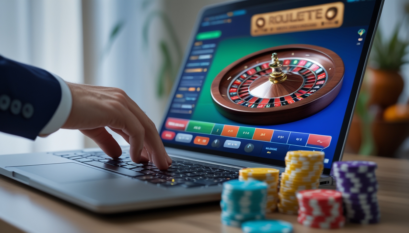 Seseorang sedang memasang taruhan roulette online dengan komputer dan tumpukan chip di meja.