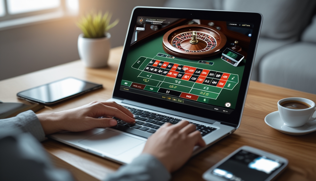Seseorang menggunakan laptop dengan permainan roulette online dan chip taruhan di meja kayu.