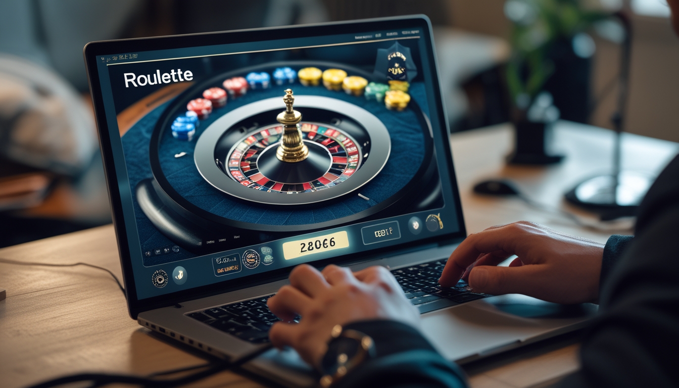 Tampilan komputer dengan roda roulette digital dan tangan seseorang yang sedang bermain roulette online di lingkungan rumah.