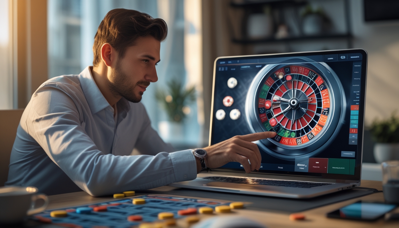 Seorang pemain dewasa fokus menggunakan laptop untuk bermain roulette online di ruangan dengan pencahayaan hangat dan dekorasi modern.