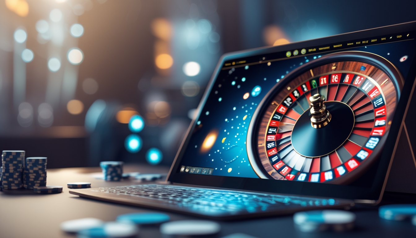 Tampilan layar komputer dengan permainan roulette online dan suasana kasino modern di latar belakang.