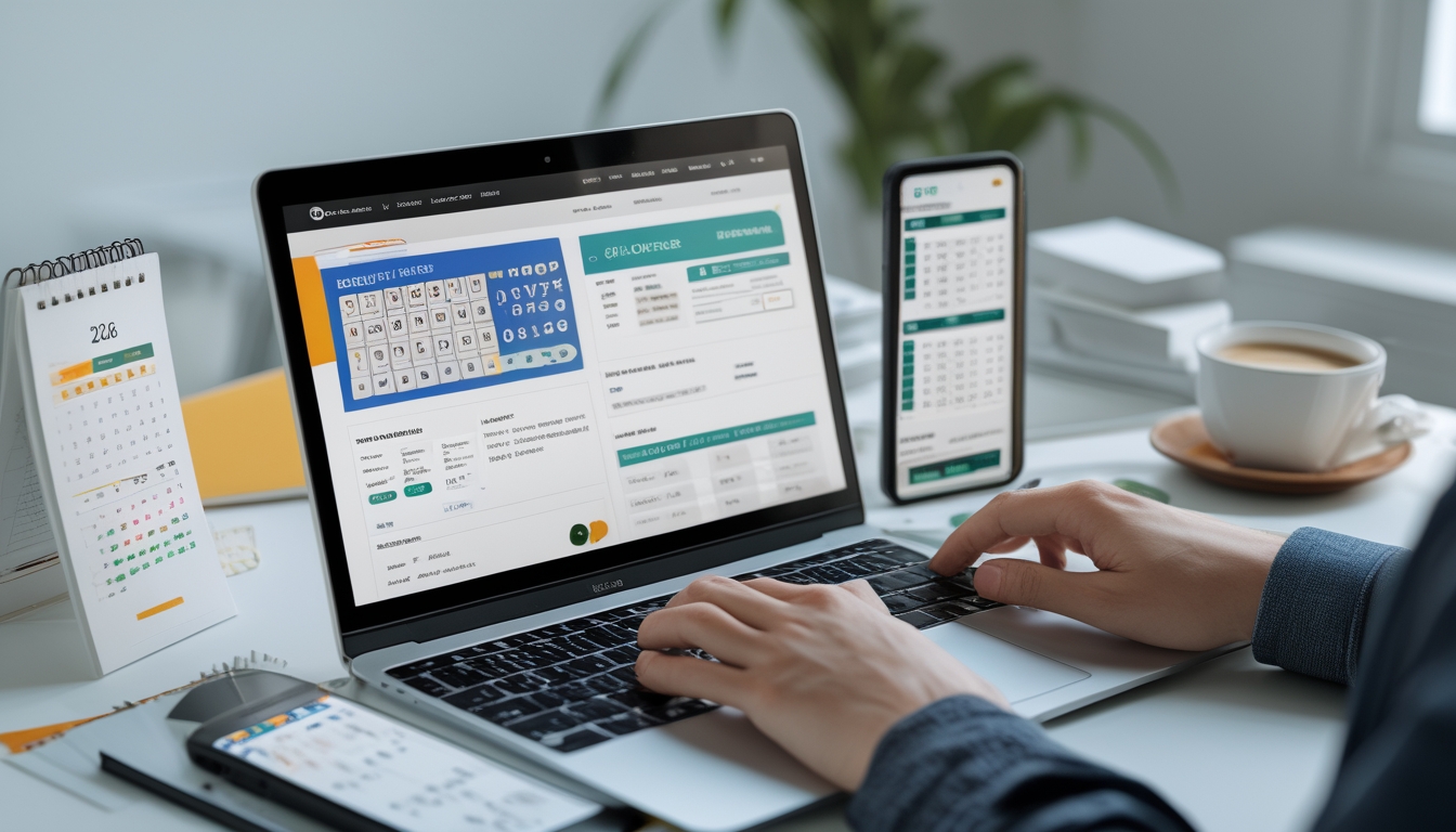 Meja kerja modern dengan laptop dan smartphone yang menampilkan aktivitas pendaftaran togel online, tangan seseorang sedang mengetik, dan secangkir kopi di samping.