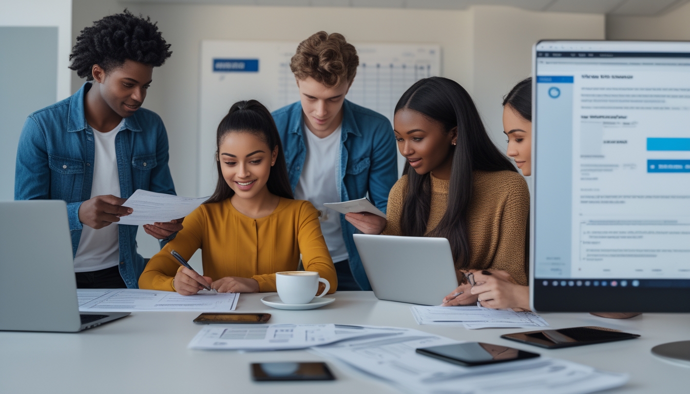 Beberapa orang muda sedang mengisi formulir dan berdiskusi di kantor modern dengan perangkat digital dan dokumen di meja.