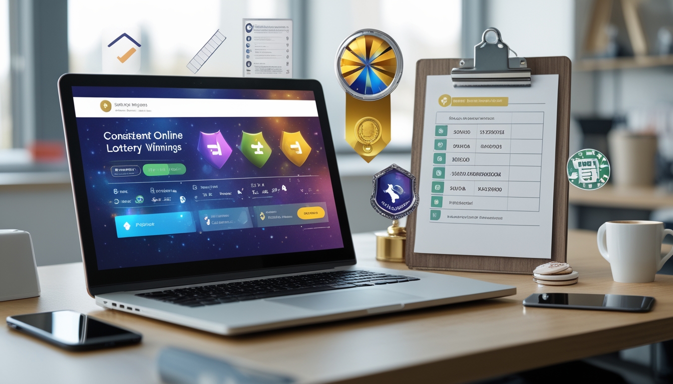 Meja kerja modern dengan laptop menampilkan situs lotere online, dilengkapi dengan simbol kepercayaan seperti medali emas dan clipboard di ruang kantor yang terang.