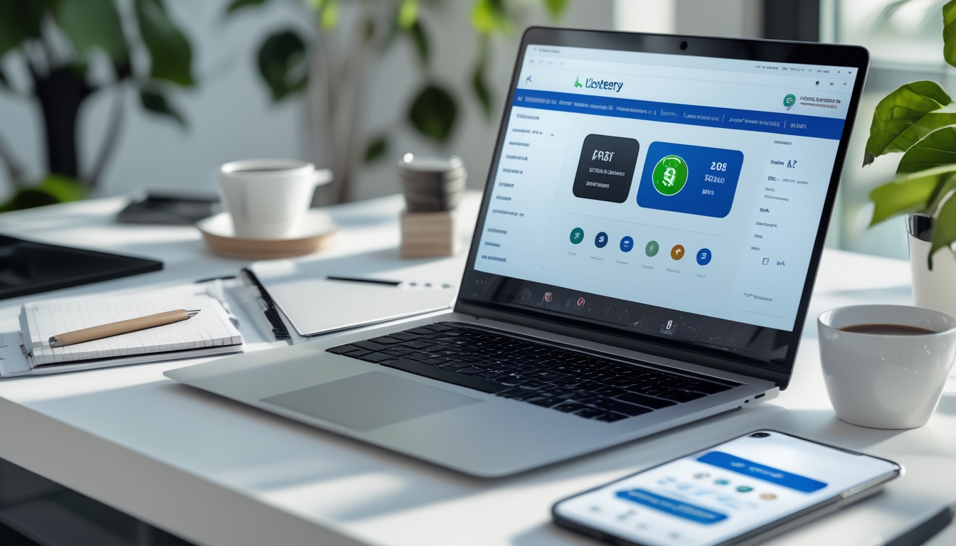 Meja kerja modern dengan laptop dan ponsel yang menampilkan notifikasi pembayaran cepat dari situs togel online terpercaya.