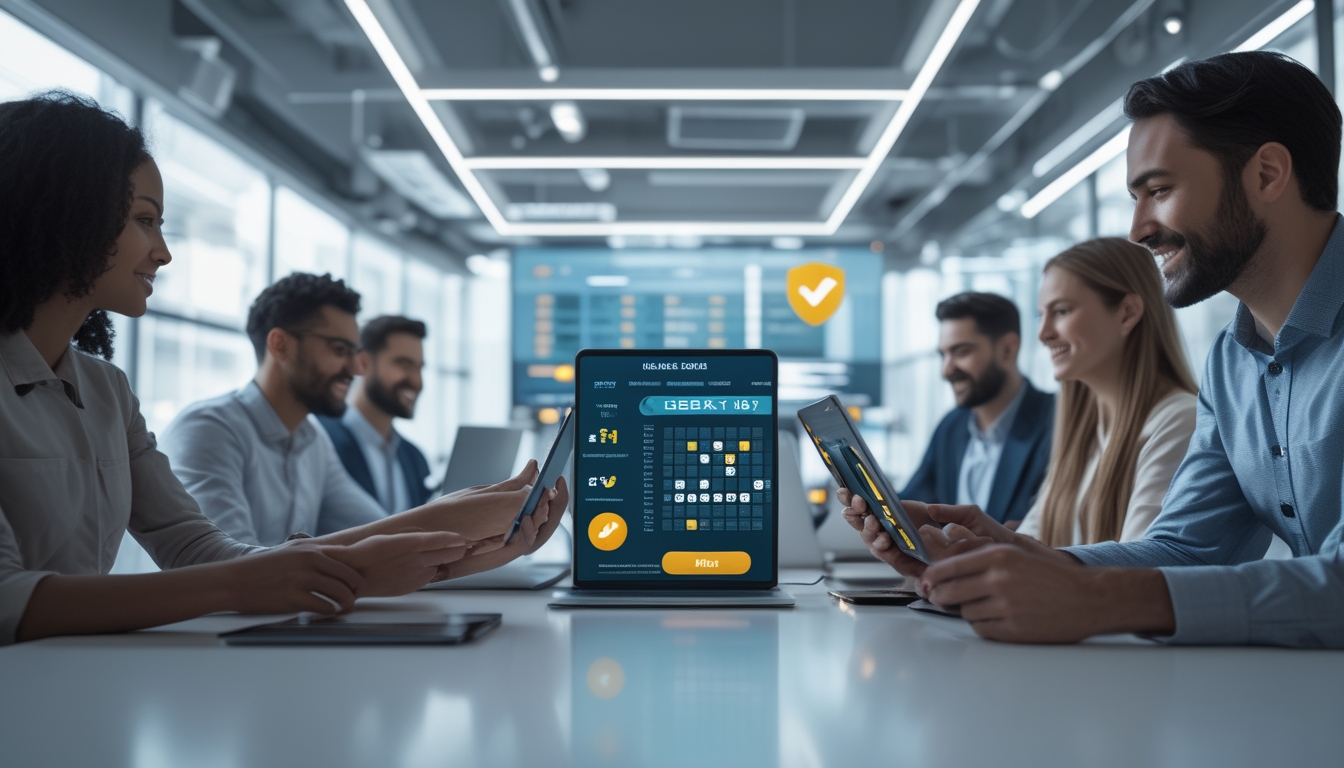 Beberapa orang menggunakan perangkat digital di lingkungan kantor modern, menunjukkan aktivitas terkait togel online dengan suasana percaya diri dan antusias.