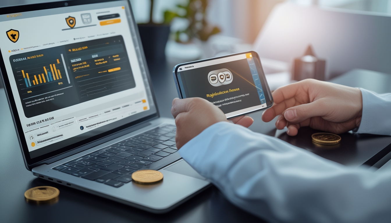 Meja kerja modern dengan laptop dan ponsel yang menampilkan situs togel online terpercaya, dengan tangan seseorang menggunakan perangkat tersebut.