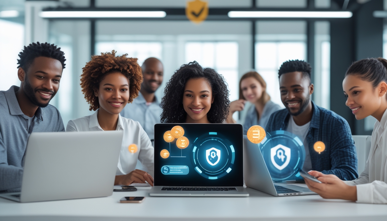 Sekelompok orang menggunakan perangkat digital di kantor modern dengan tampilan antarmuka lotere online yang aman dan terpercaya.
