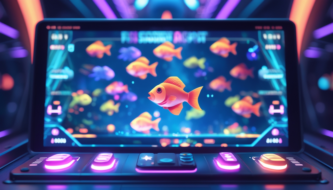 Sebuah layar permainan digital dengan ikan berwarna-warni yang bergerak dan perangkat permainan modern di latar depan, menampilkan suasana permainan judi ikan jackpot yang penuh semangat.