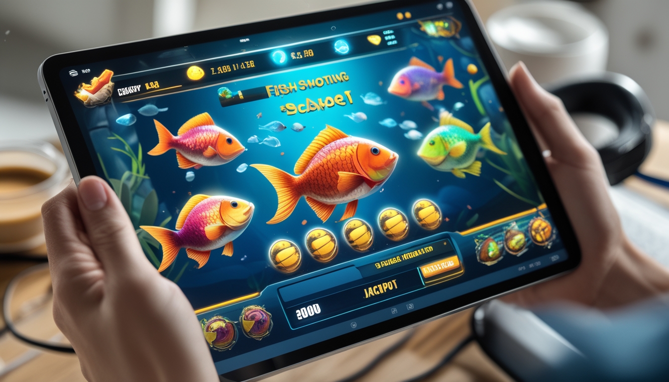Seseorang memegang tablet yang menampilkan permainan tembak ikan online dengan ikan berwarna-warni dan elemen jackpot di layar.