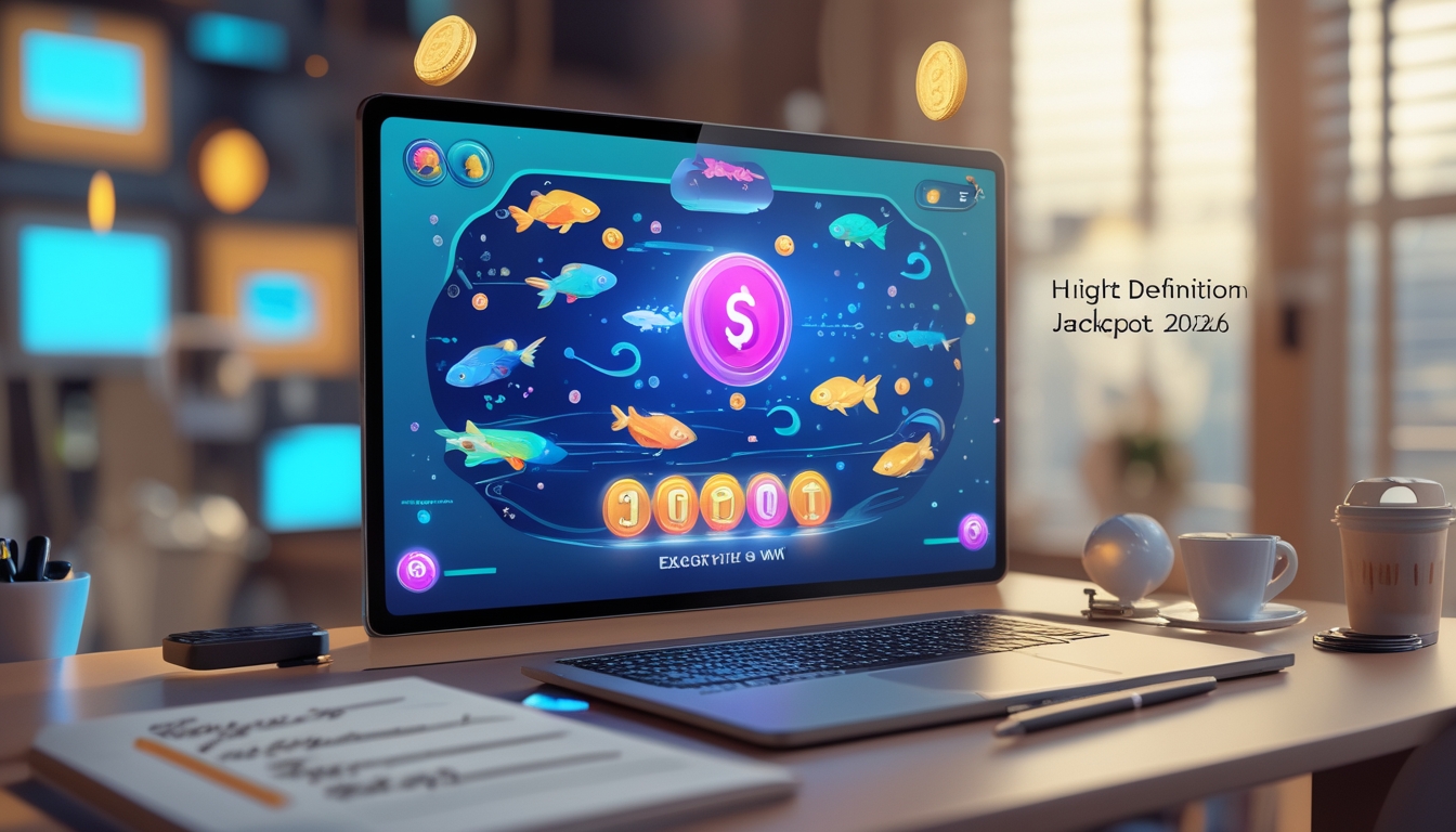 Sebuah layar perangkat menampilkan permainan memancing ikan digital dengan ikon jackpot yang menyala, dikelilingi catatan dan alat tulis di atas meja.