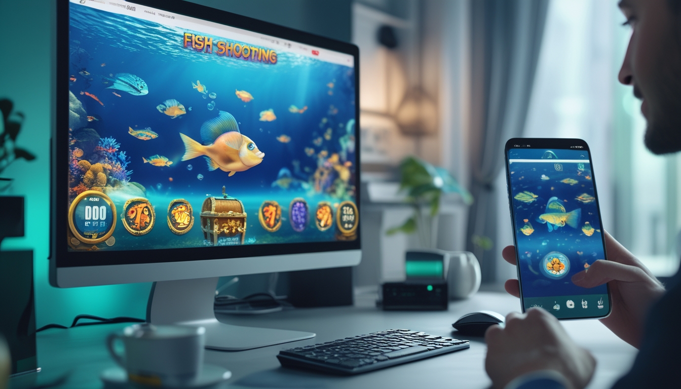Seseorang menggunakan komputer dan ponsel untuk bermain game tembak ikan dengan latar belakang bertema bawah laut.