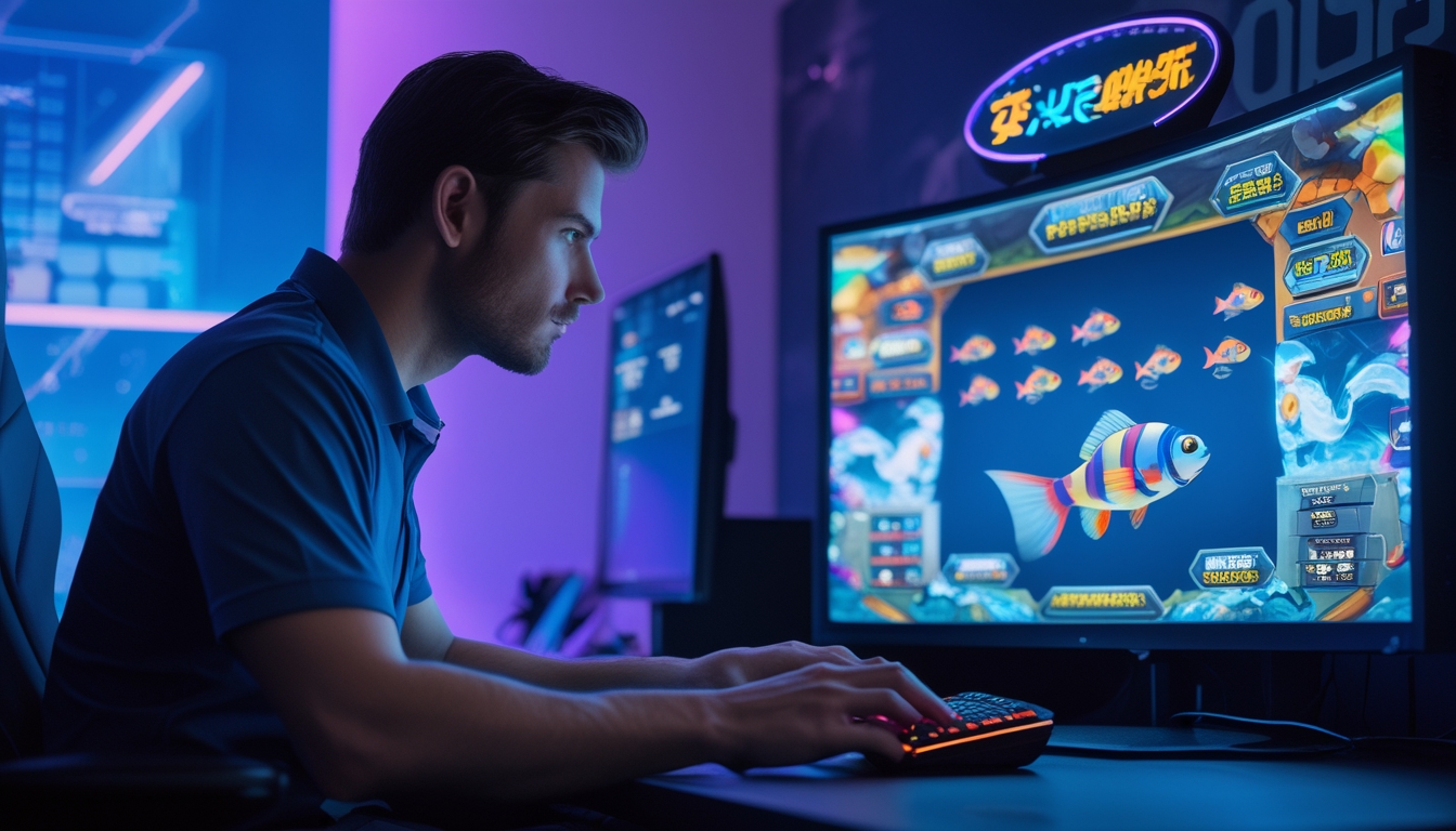 Seorang pria dewasa fokus bermain game tembak ikan di depan layar komputer dengan lampu LED berwarna biru dan ungu di ruangan gelap.