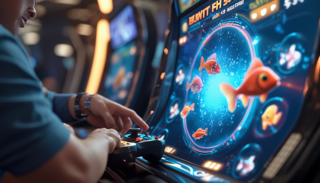 Seorang pemain berpengalaman sedang bermain permainan tembak ikan di layar digital dengan berbagai ikan berwarna-warni dan simbol jackpot.